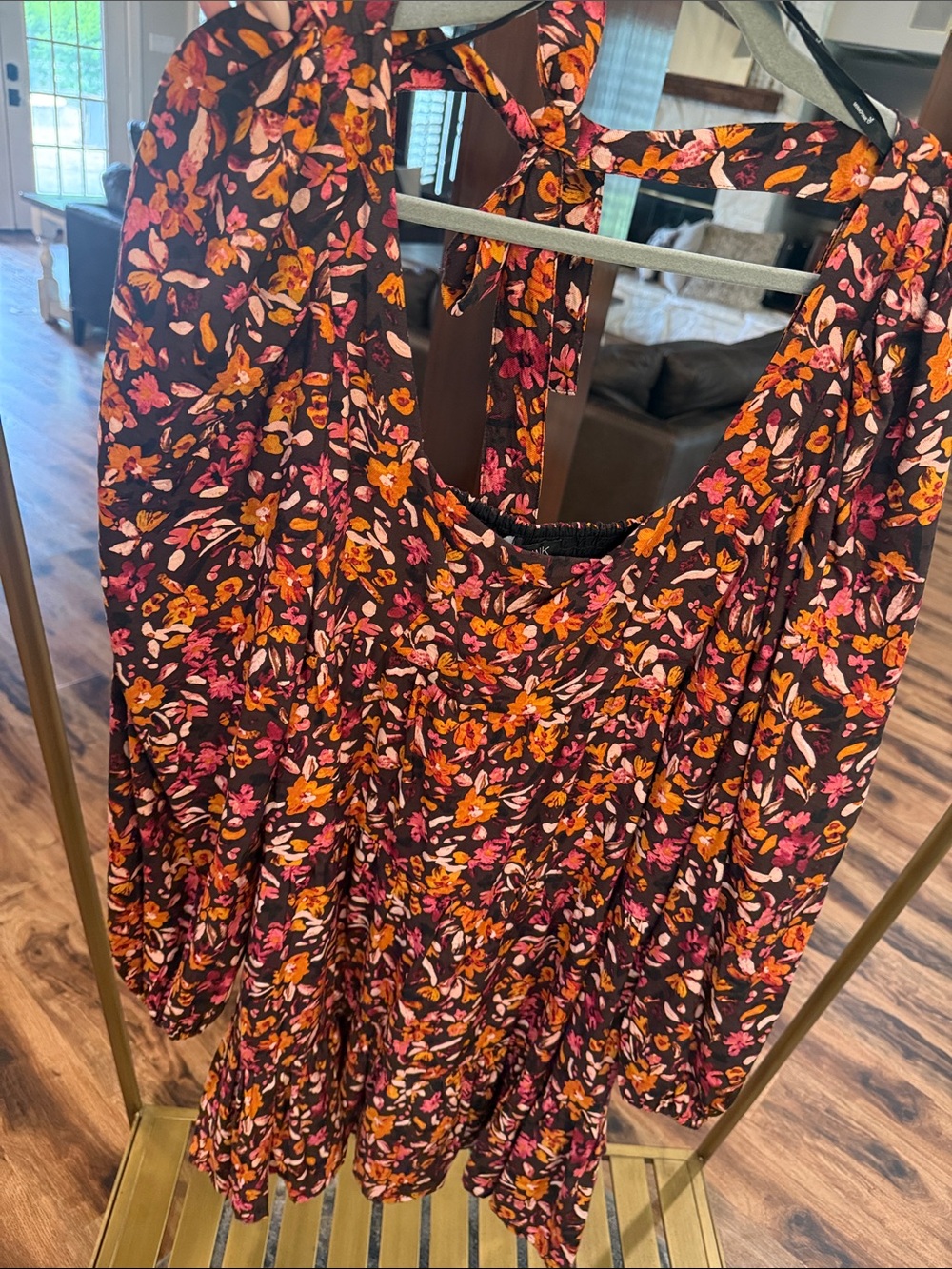 MINKPINK Black Floral Mini Dress with Orange and Pink Blossoms